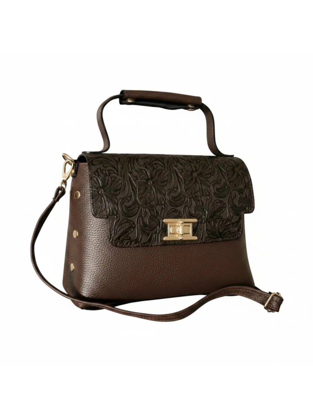 Chocolate Brown Floral Studded Embossed Artisan LEATHER Purse Handbag Crossbody
